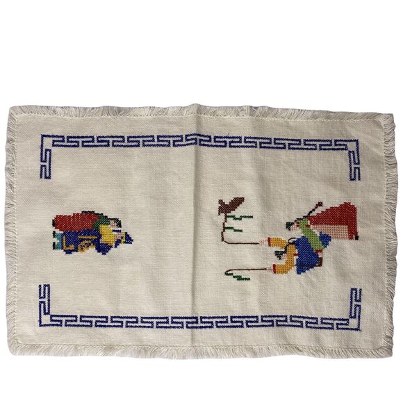 Hand Embroidered Finger Tea Towel Asian Design Fringe 14 x 9 Cross Stitch - Picture 1 of 8